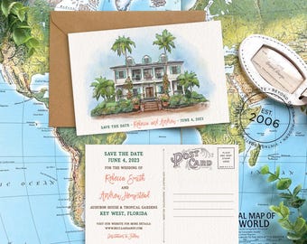 Op de afbeelding: Een save the date-kaart met een aquarelillustratie van een wit huis met palmbomen, gecombineerd met een achterkant in ansichtkaartstijl met de details van de bruiloft van Rebecca Smith en Andrew Hempsteal op 4 juni 2023 in Key West.