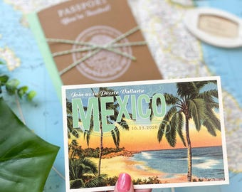 Mexico Passport Wedding Invitation | Travel Postcard RSVP | Custom Tropical Destination Suite