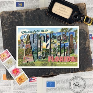 May include: Vintage postcard from Savannah, Florida, with the text "Please join us in Savannah, Florida." The postcard features images within the letters and the date "10.25.2026." A black luggage tag and flower stamps are also visible.