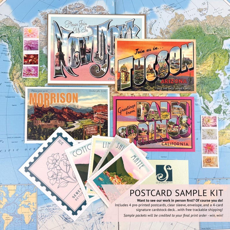 The image is a collage of various postcard samples, including vintage postcards from New York, Los Angeles, and Arizona, as well as postcard cards featuring landscapes and other scenic views. The postcard samples are arranged on a map background, creating a visually appealing and nostalgic display.