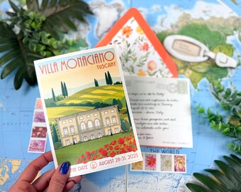 Può includere: Un invito di nozze rettangolare con un'illustrazione di Villa Monaciano in Toscana, colline verdi, cipressi e papaveri rossi. Il testo riporta Villa Monaciano Tuscany e la data 28-31 agosto 2025.