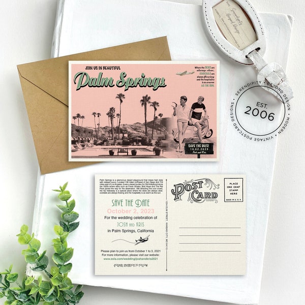 Save the Date - Palm Springs, California - Vintage Poster Art Postcard - Design Fee