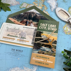 May include: A wedding invitation set featuring a boarding pass style card and a folded program with a wooden airplane charm. The text reads Join us in Salt Lake City, Utah, The Adventure Begins, and Alexandria & Jason, September 28, 2024.