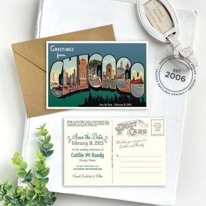 May include: A Chicago-themed postcard save-the-date featuring a vintage-style graphic with the text Greetings from Chicago and Save the Date - February 18, 2023. The reverse side includes lines for an address and the text Caitlin and Randy.