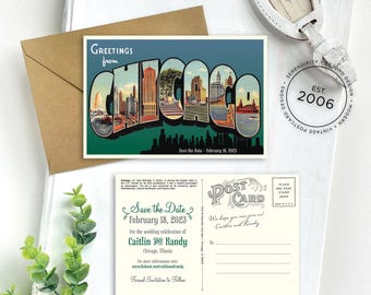 May include: A Chicago-themed postcard save-the-date featuring a vintage-style graphic with the text Greetings from Chicago and Save the Date - February 18, 2023. The reverse side includes lines for an address and the text Caitlin and Randy.