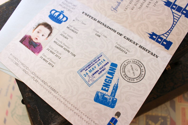 First Birthday Passport to London Birthday Invitation