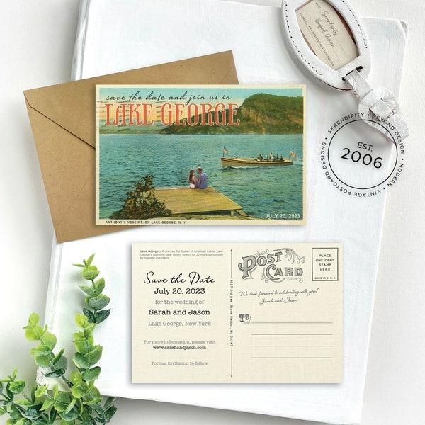 Save the Date - Lake George - Couple Photo - Vintage Travel (New York) - Design Fee