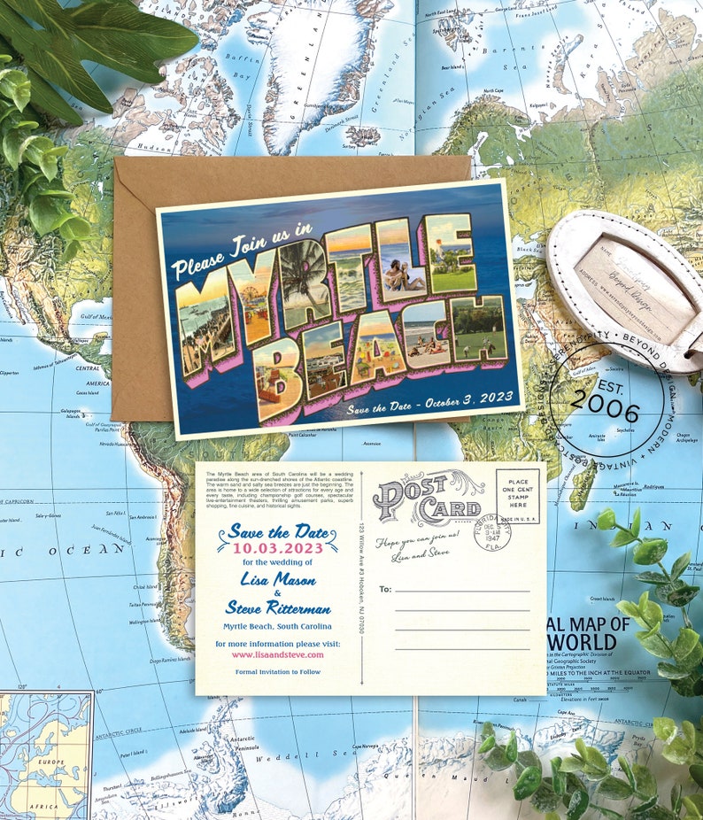 Save the Date Myrtle Beach Vintage Large Letter Postcard S Design Fee image 1