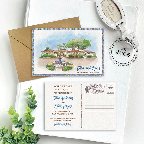 Save the Date - Casa Romantic, San Clemente, California - Watercolor Postcard - Design Fee