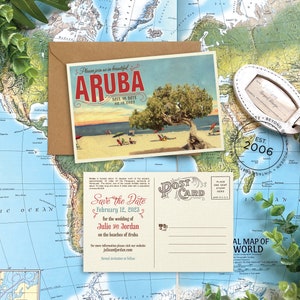 Aruba Save the Date Postcards, Destination Wedding Save the Dates, Vintage Travel Postcard