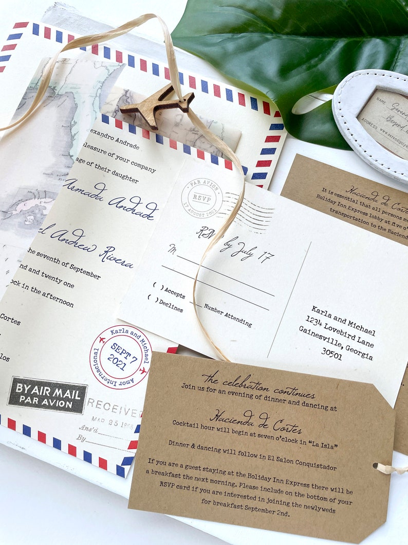 Vintage Air Mail Destination Wedding Invitation Mexico Design Fee image 5