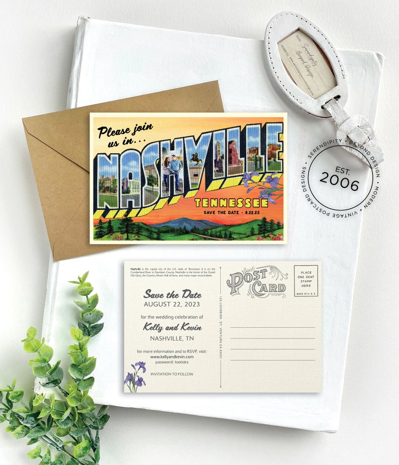 Save the Date Nashville, Tennessee Vintage Large Letter Postcard Design Fee image 1