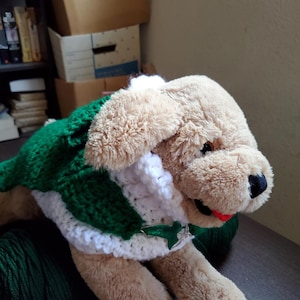 May include: A plush toy dog wearing a green and white crocheted sweater. The sweater has a white collar and a green star-shaped charm.