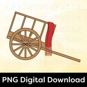 May include: A digital illustration of a wooden cart with a large spoked wheel and a red and yellow striped scarf draped over the side. The cart has a brown color and the scarf has a fringe.