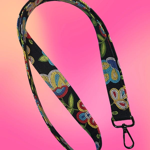 Beaded Strawberry Print Fabric Lanyard | Handmade Keychain Badge Holder