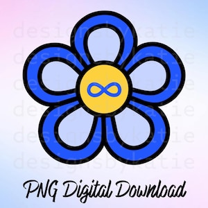 Puede incluir: Gráfico digital de una flor estilizada con cinco pétalos azules delineados en negro. El centro es amarillo con un símbolo de infinito azul. El texto "PNG Digital Download" está debajo de la flor.