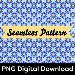 Può includere: Un motivo senza cuciture con fiori blu e centri gialli su sfondo azzurro. Le parole "Seamless Pattern" sono visualizzate su uno striscione giallo. Il testo "PNG Digital Download" è in basso.