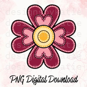 May include: A digital PNG download featuring a stylized flower design. The flower has four heart-shaped petals in shades of pink and burgundy, outlined in black, with a yellow and orange center. The text "PNG Digital Download" is at the bottom.