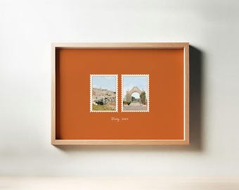 Custom Two Stamps Travel Print: Personalized Places Illustration Gift, Unique Home Decor Artwork