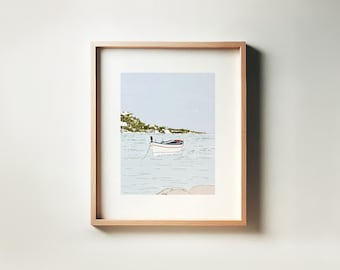 Mediterranean Boat Print – Minimalist Italian Wall Art, Coastal Decor, Summer Illustration