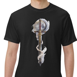 Magisches Schwert Mond Ritter Fantasy Unisex Comfort Farben Schwergewicht T-Shirt, Elfen Rune, Mythisch, Verzauberte Waffe, Epische Saga