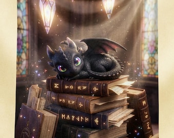 Baby Dragon Library Books Blanket, Fantasy Plush Throw, Bookish Cozy Blanket, Fictional Dragon Decor, Reading Gift for Fantasy Fans