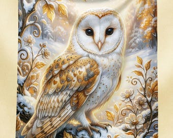 Snowy Barn Owl Blanket, Cottagecore Throw, Cozy Fall Winter Cover, Woodland Bird Gift for Nature Lovers