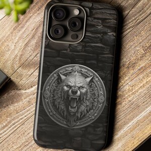 Wolfsbane Celtic Viking Werewolf Shield Tough Case - Fits iPhone, Samsung Galaxy, Google Pixel Models, Carved Wolf Emblem, Gothic Horror