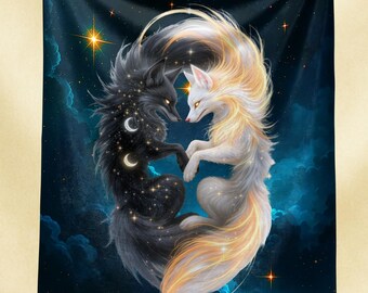 Fuchs Yin Yang Decke, mystischer Tierüberwurf, Forestcore, Dark Academia, Cottagecore, Celestial