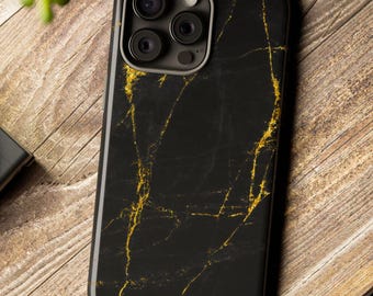 Minimalist Modern Black Marble Gold Vein Tough Case - Fits iPhone and Samsung Galaxy, Kintsugi, Japanese Design