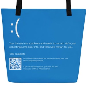 Blue Screen of Death Tote Bag - Gamer Nerd All-Over Print Computer Error Meme for Programmers, Gamers, IT Professionals, Geek Humor