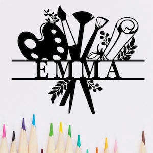 Letrero de metal personalizado para estudio de arte, letrero con nombre de artista personalizado, decoración de pared para estudio de arte, letrero con herramientas de pintor, regalo para pintor, letrero de pintura
