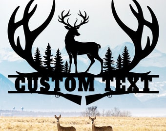 Custom Deer Hunting Metal Sign, Deer Hunter Name Sign, Personalized Buck Antler Split Metal Wall Art, Deer Forest Sign, Deer Cabin Decor