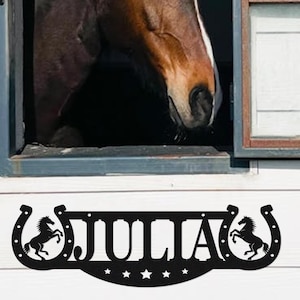 May include: A brown horse peers out of a window above a black metal sign. The sign features the name "JULIA" in capital letters, flanked by horse silhouettes within horseshoes, and five stars below the name.