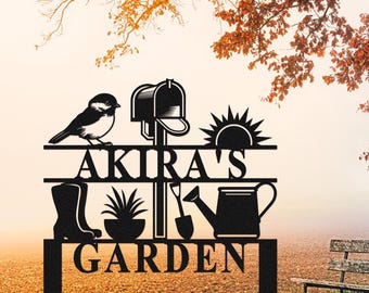Letrero de jardín personalizado con estacas, letrero con nombre personalizado, decoración de jardín de metal, regalo para jardineros, letrero de jardín exterior, arte de jardín de metal
