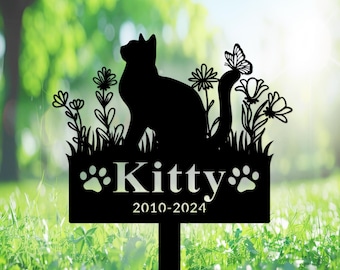 猫のメモリアル杭、猫の墓石、パーソナライズされた猫の名前の杭、猫の庭の装飾、猫の埋葬杭、猫の死、猫のメモリアルギフト