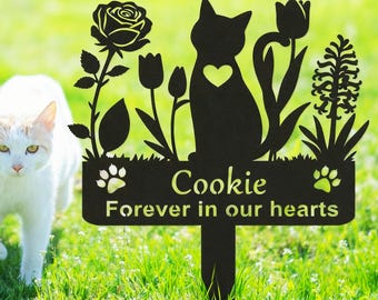 Estaca conmemorativa de metal personalizada para gatos: lápida personalizada con flores, regalo conmemorativo para gatos.