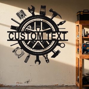 Letrero metálico personalizado para garaje, letrero con nombre de taller personalizado, arte mural para garaje, letrero para taller mecánico, decoración para cueva de hombre, regalo para el Día del Padre
