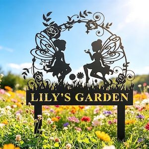 Personalized Fairy Metal Garden Sign, Custom Fairy Garden Stake, Gardener Name Stake, Flower Beds Decor, Outdoor Garden Yard Decor, Yard Art