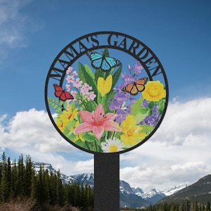 Custom Metal Flower Garden Sign, Personalized Garden Name Stake, Flower Sign with Stake, Metal Garden Decor, Metal Yard Art, Lawn Signs