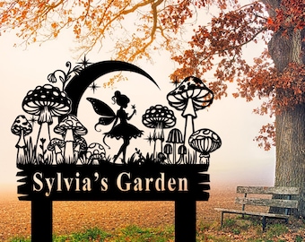 Letrero personalizado para jardín de hadas, estaca de metal personalizada para jardín, arte para jardín de hadas, decoración para macizos de flores, decoración para jardín exterior, letrero para jardín de hadas