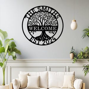 Custom Welcome Family Tree of Life Name Sign, Personalized Welcome Sign, Metal Wall Art Decor, Olive Tree Door Sign, Family Name sign
