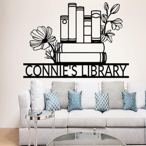 Letrero de metal con libros personalizados, letrero de biblioteca personalizado, arte de pared de metal con libros, letrero de estantería, decoración de rincón de lectura, letrero de ratón de biblioteca, decoración de biblioteca