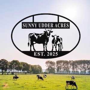 Custom Metal Cow Sign, Personalized Cow Calf Farm Sign, Metal Ranch Name Sign, Cow Metal Wall Art, Cow Farmhouse Sign, Cow Oval Farm Sign