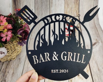 Personalized Bar and Grill Metal Sign, Custom Name BBQ Sign, Bar Wall Art Decor, Barbecue Sign for Dad, Housewarming Gift, Grilling Sign