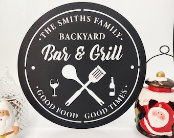 Personalized Bar & Grill Metal Sign, Custom Name Backyard Sign, Barbecue BBQ Sign, Outdoor Patio Decor, Home Bar Sign Wall Art, Wedding Gift