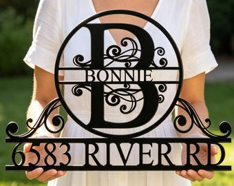 Gepersonaliseerde metalen monogram adresbord, aangepast huisnummerbord, straatnaambordje, bordje voordeur, metalen muurkunst, cadeau nieuw huis
