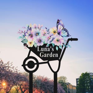 Personalisiertes Gartenschild mit Einsätzen, Benutzerdefiniertes Gartennamenschild, Metallgartendekor, Gartenblumenschild, Metallhofkunst, Housewarminggeschenk