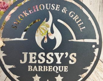 Personalized Metal Barbecue Wall Sign, Custom Name Grill Sign, Smokehouse Metal Sign, BBQ Home Outdoor Decor, Grilling Gift for Dad Grandpa