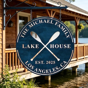 Custom Metal Lake House Sign: Personalized Family Name Sign with Boat Oars, River House Decor